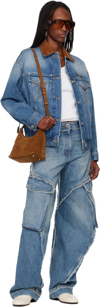 Versace Cotton Denim Jacket Long Sleeves Contrast Collar In Blue