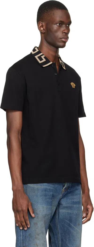 Versace Geometric Patterned Black Polo Shirt With Classic Placket