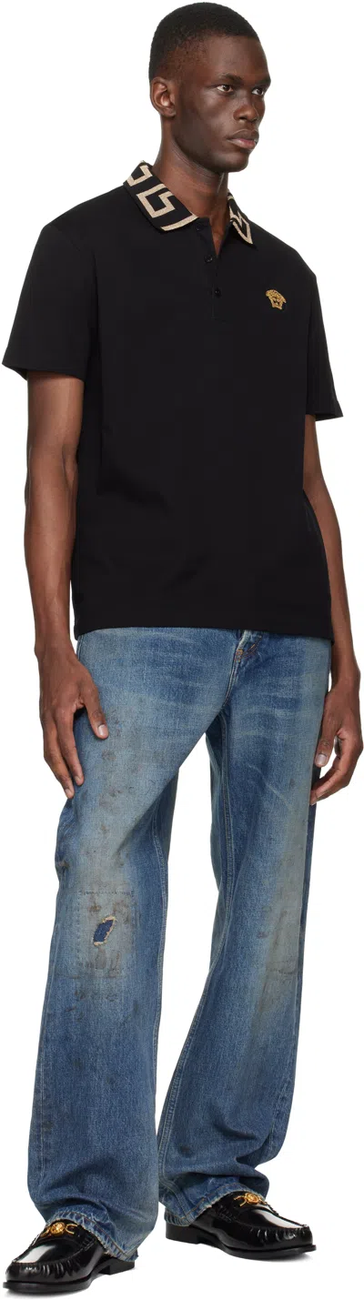 Versace Geometric Patterned Black Polo Shirt With Classic Placket