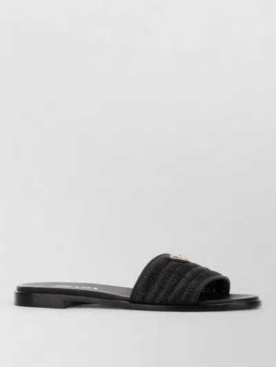 Prada Black Sandals With Woven Strap And Logo Accents In Black