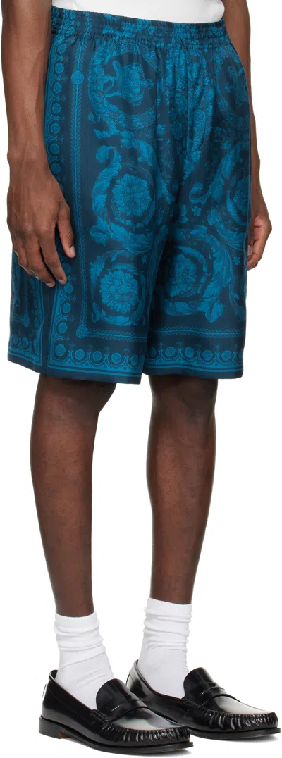 Versace Relaxed Baroque Patterned Silk-nylon Shorts In Blue