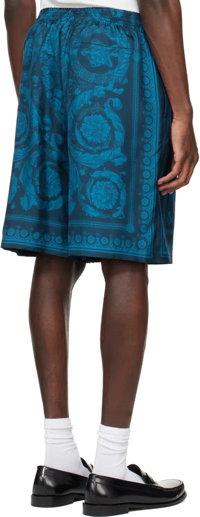 Versace Relaxed Baroque Patterned Silk-nylon Shorts In Blue