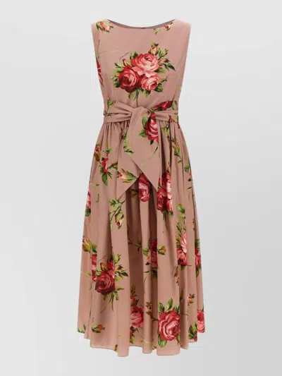 Dolce & Gabbana Cotton Sleeveless Boat Neck Floral Print Midi Dress In Animal Print