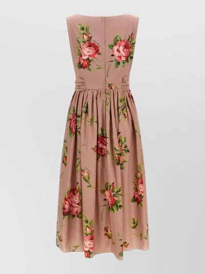 Dolce & Gabbana Cotton Sleeveless Boat Neck Floral Print Midi Dress In Animal Print