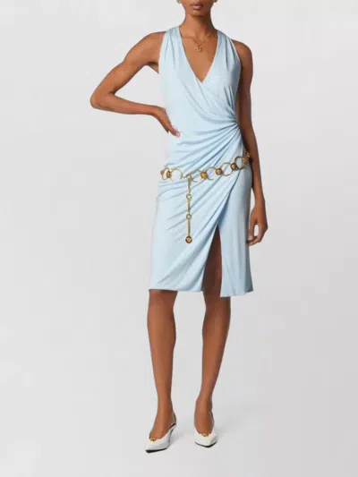 Versace Light Blue Midi Dress With V-neck And Medusa Plaque On The Back In Viscose For Women In Blue