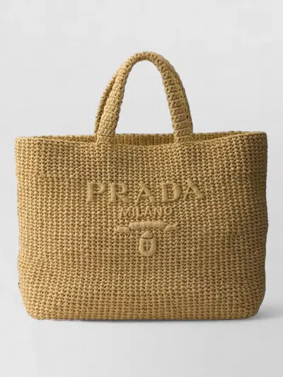 Prada Crochet Tote Bag Rectangular Shape Handles In Brown