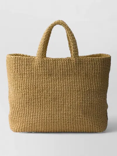 Prada Crochet Tote Bag Rectangular Shape Handles In Brown