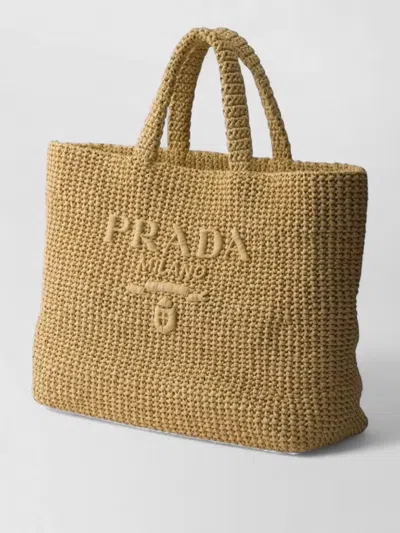 Prada Crochet Tote Bag Rectangular Shape Handles In Brown