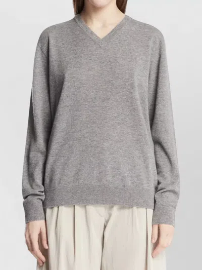 The Row Nian Long Sleeve Top Ribbed V Neckline In Gray