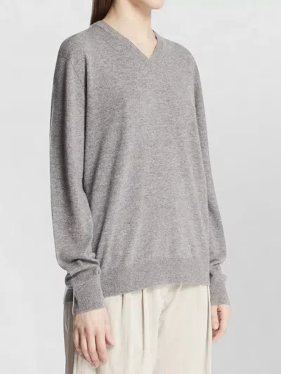 The Row Nian Long Sleeve Top Ribbed V Neckline In Gray