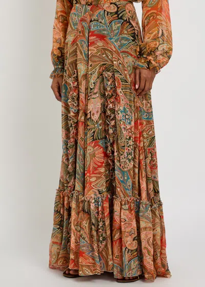 Etro Paisley Print Ruffle Silk Chiffon Maxi Skirt In Multi