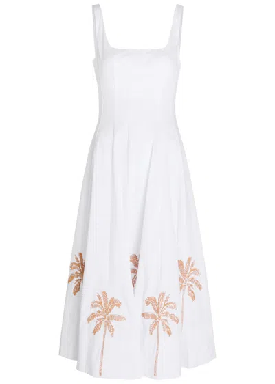 Staud Wells Pleated Printed Cotton-blend Poplin Midi Dress In White