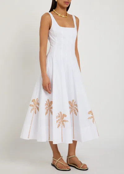 Staud Wells Pleated Printed Cotton-blend Poplin Midi Dress In White