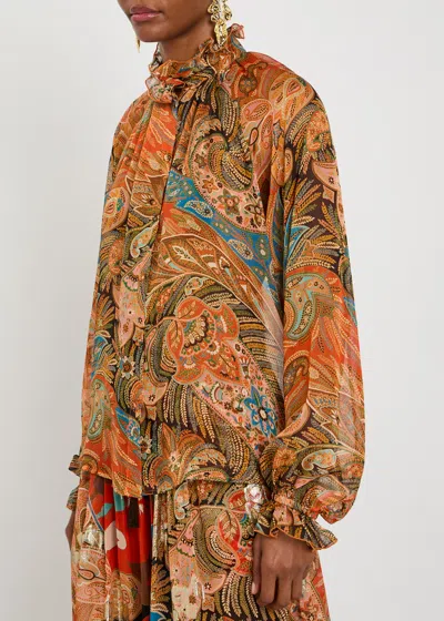 Etro Sheer Chiffon Shirt Paisley Ruffle Neckline In Multi