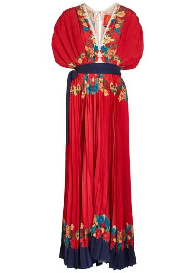 La Doublej Accordion Pleated Floral-print Crepe De Chine Maxi Dress In Red