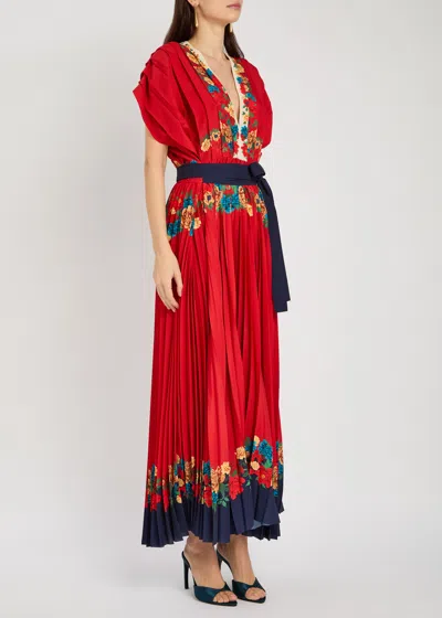La Doublej Accordion Pleated Floral-print Crepe De Chine Maxi Dress In Red