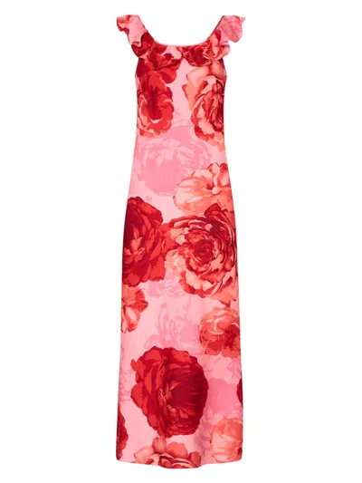Milly Scarlett Printed Ruffle Neck Midi Dress In Pink