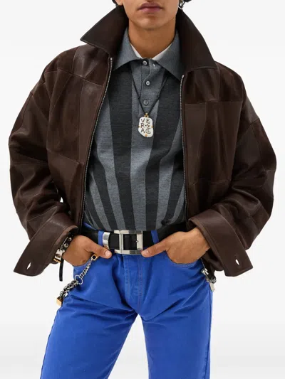 Versace Brown Blouson Leather Patchwork Cropped Jacket In Brown
