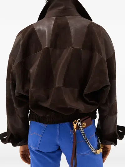 Versace Brown Blouson Leather Patchwork Cropped Jacket In Brown
