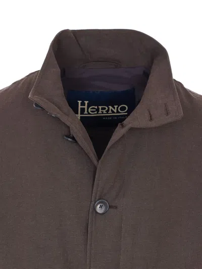 Herno Buttoned High Neck Bomber Jacket In Brown