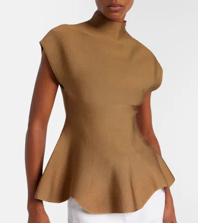 Khaite Andra Stretch-knit Turtleneck Peplum Top In Brown