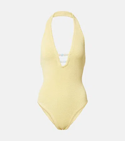 Hunza G Adriana Beaded Halterneck Crinkle Swimsuit In Yellow