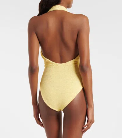 Hunza G Adriana Beaded Halterneck Crinkle Swimsuit In Yellow