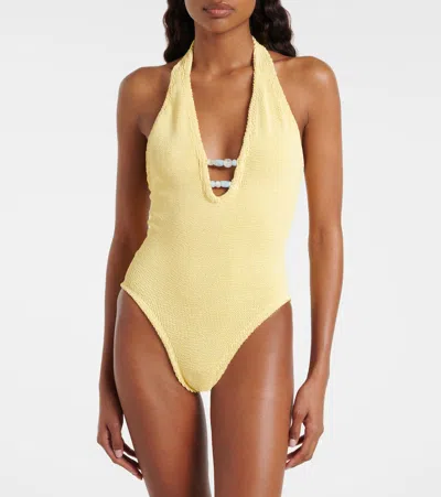 Hunza G Adriana Beaded Halterneck Crinkle Swimsuit In Yellow