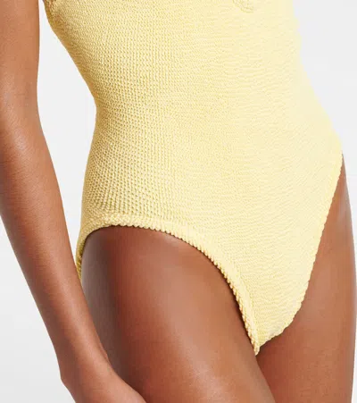 Hunza G Adriana Beaded Halterneck Crinkle Swimsuit In Yellow