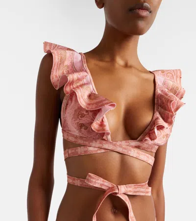 Zimmermann Como Printed Ruffled Bikini In Pink