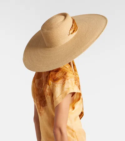 Zimmermann Silk-trimmed Raffia Hat In Multi