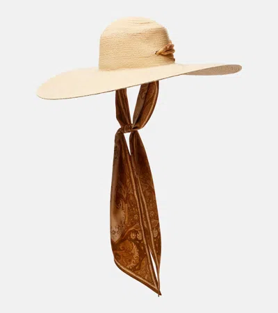 Zimmermann Silk-trimmed Raffia Hat In Multi