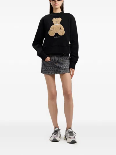 Palm Angels Bear Motif Knit Crew Neck Sweatshirt In Black