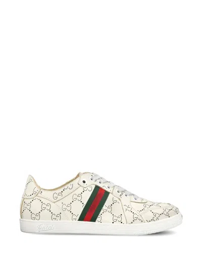 Gucci White Stretch Sneakers With Laser-cut Gg Motif In Multi