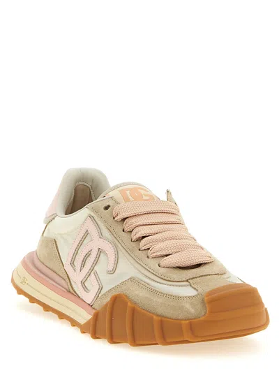 Dolce & Gabbana Dg Athletic Sneakers In Ivory And Pink Fabric And Leather In Multi