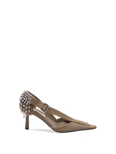 Prada Canvas Pumps Slingback Pointed Toe Embellished Heel In Green
