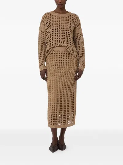 Max Mara Straight Cut Pure Cotton Webbing Skirt With Ribbed Waist In Brown