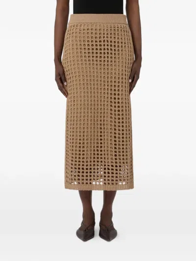 Max Mara Straight Cut Pure Cotton Webbing Skirt With Ribbed Waist In Brown
