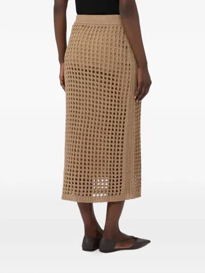 Max Mara Straight Cut Pure Cotton Webbing Skirt With Ribbed Waist In Brown