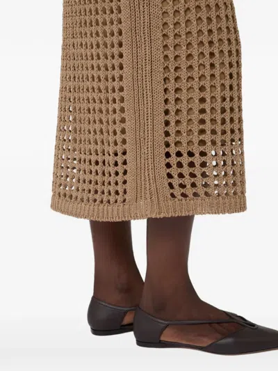 Max Mara Straight Cut Pure Cotton Webbing Skirt With Ribbed Waist In Brown