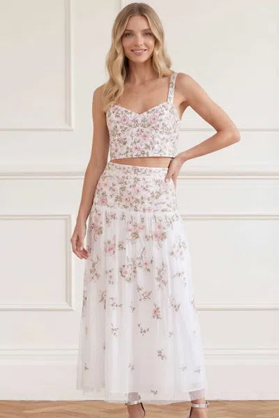 Needle & Thread Eden Rose Embroidered Midi Skirt In White