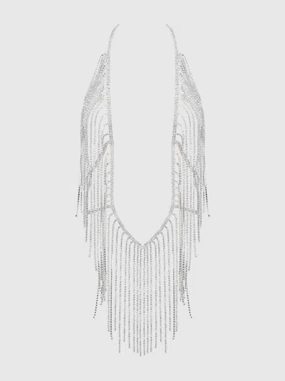 Frederick's Of Hollywood Ziggy Rhinestone Fringe Deep V-punge Teddy In Metallic