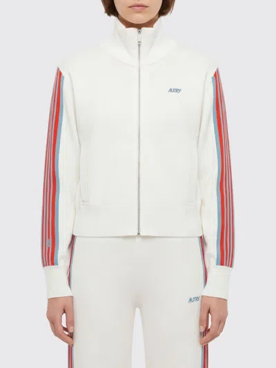 Autry High Collar Viscose Knit Sweatshirt Striped Sleeves In White