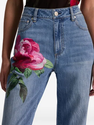 Alice And Olivia Chic High Rise Full Length Rose Print Jeans In Denver Bright Blue