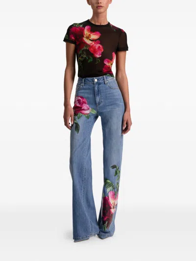 Alice And Olivia Chic High Rise Full Length Rose Print Jeans In Denver Bright Blue