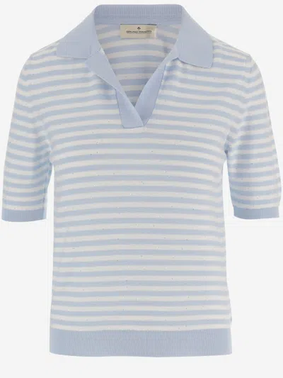 Bruno Manetti Striped-pattern Collared T-shirt In Blue