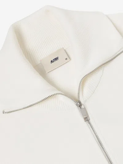 Autry High Collar Viscose Knit Sweatshirt Striped Sleeves In White