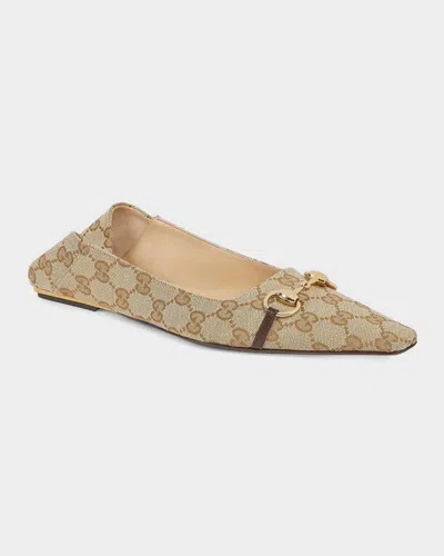 Gucci Vittoria Horsebit-detail Gg-pattern Ballet Flats In Neutral