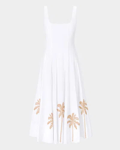 Staud Wells Pleated Printed Cotton-blend Poplin Midi Dress In White