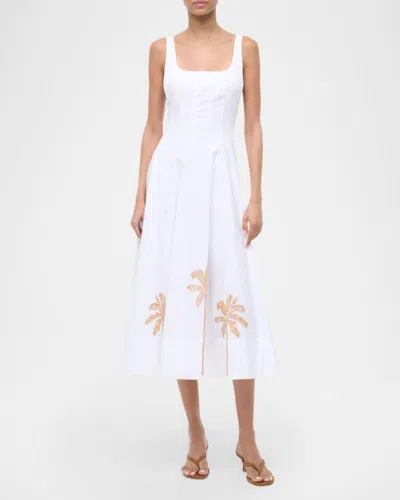 Staud Wells Pleated Printed Cotton-blend Poplin Midi Dress In White
